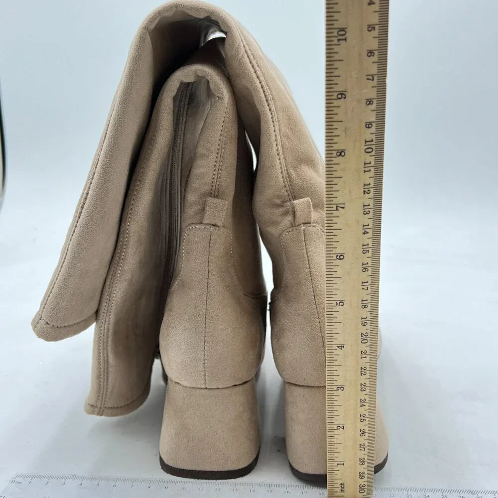 Beige Women Side Zipper Closed Toe Thigh High Chunky Heel Over Knee High Boots